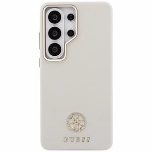 Guess dėklas Rhinestone Round Logo MagSafe skirtas Samsung Galaxy S26 Ultra smėlio spalvos