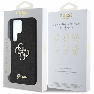 Guess blizgus didelis 4G metalinio logotipo dėklas telefonui Samsung Galaxy S25 Ultra juodas
