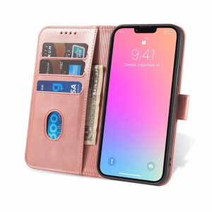 Piniginės tipo dėklas telefonui su stovu iPhone 15 Pro magnetinis dėklas - rožinis
