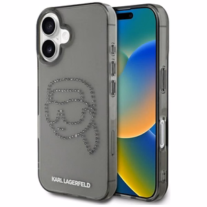 Karl Lagerfeld IML Rhinestones Karl Head dėklas telefonui iPhone 16 Pro juodas