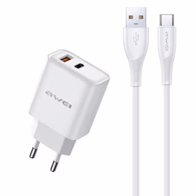 Įkroviklis Awei PD81T-EU 22.5W USB-A/USB-C + USB-A to USB-C cable 1.0m baltas