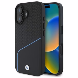 BMW ženklas odinis tekstūruotas ir linijinis magnetinis iPhone 16 dėklas - juodas