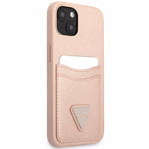 Guess GUHCP13MPSATPP iPhone 13 6.1 dėklas telefonui, rožinis, kietas, Saffiano trikampio logotipu ir kortelių skyriumi