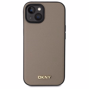 DKNY Grained Metal Logo Magnetinis iPhone 15 dėklas - smėlio spalvos