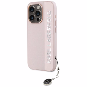 Karl Lagerfeld Saffiano su kristalais ir žavesio dėklas telefonui iPhone 15 Pro Max - rožinis