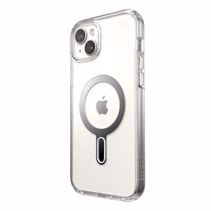 Speck Presidio Perfect-Clear MagSafe dėklas su ClickLock, skirtas iPhone 15 Plus / 14 Plus, skaidrus su chromo spalvos žiedu