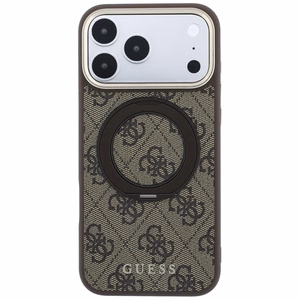 Guess 4G Classic Logo dėklas, skirtas iPhone 18 Pro Max / 17 Pro Max, su 360° žiedu-stovu, suderinamas su MagSafe – rudas