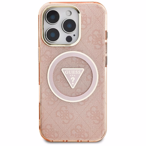 Guess IML Metal Glitter 4G Circle Triangle Magnetinis dėklas telefonui iPhone 16 Pro - rožinis