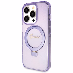 Guess Magnetinis dėklas telefonui su žiediniu stovu Script Glitter MagSafe iPhone 14 Pro Max - violetinė