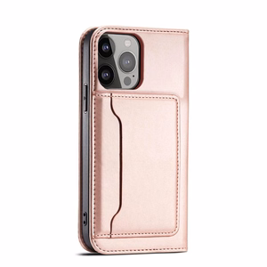Magnetinė kortelės dėklas telefonui iPhone 14 Pro Max atverčiamas dėklas piniginė su stovu rožinė
