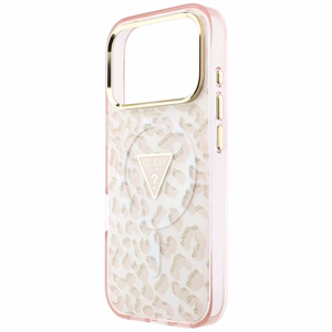 Guess IML Leopard Glitter Triangle Logo MagSafe dėklas, skirtas iPhone 17 Pro Max / 18 Pro Max – spalva: rožinė