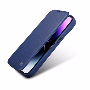 iCarer CE Premium odinis folio dėklas iPhone 14 Plus magnetinis atverčiamas odinis folio dėklas MagSafe mėlyna