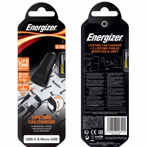 Energizer HardCase DC2BLCMM car charger, 2 × USB-A, 2.4 A, with USB-C and Micro-USB cable, black