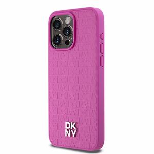 DKNY Odinis monogramos rašto metalinis logotipas Magnetinis dėklas telefonui iPhone 15 Pro Max - rožinis