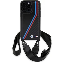 BMW M Edition anglies trispalvės linijos ir dirželis dėklas telefonui iPhone 15 Pro - juodas