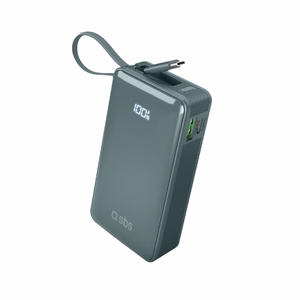 Išorinė baterija SBS 10000 mAh 20W su įmontuotu USB-C kabeliu ir skaitmenine indikacija - pilka