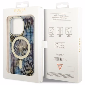 Guess GUHMP14XHLEOPWB iPhone 14 Pro Max 6.7" mėlynas kietas dėklas Leopard Magnetinis