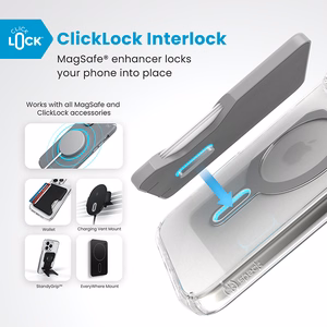 Speck Presidio Perfect-Clear dėklas su MagSafe ir ClickLock, skirtas iPhone 16 Pro Max, „Clear/Chrome“