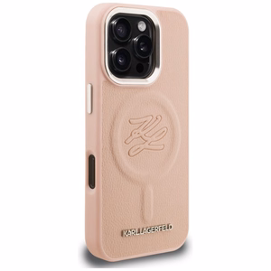 Karl Lagerfeld inicialų ir metalinis logotipas MagSafe dėklas iPhone 16 Pro Max - rožinis