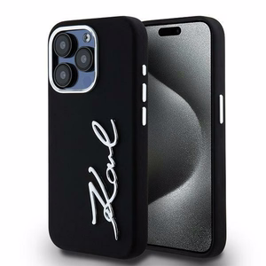 Karl Lagerfeld silikoninis metalinis scenarijaus logotipas dėklas telefonui iPhone 15 Pro Max - juodas