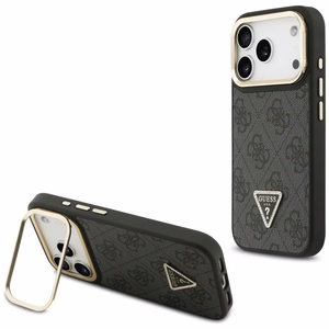 Guess 4G PU trikampio logotipo ir stovo kameros magnetinis dėklas telefonui iPhone 17 Pro - juodas