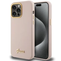 Guess Silicone Script Metal Logo & Frame dėklas telefonui iPhone 15 Pro - rožinis