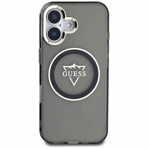 Guess IML Metal Mountain Logo Magnetinis dėklas iPhone 16 - juodas