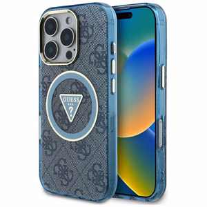 Guess IML Metal Glitter 4G Circle Triangle Magnetinis dėklas telefonui iPhone 16 Pro - mėlynas