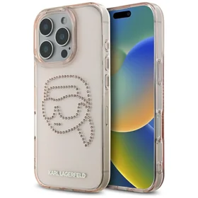 Karl Lagerfeld IML Rhinestones Karl Head dėklas telefonui iPhone 16 Pro rožinis