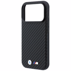 BMW dėklas, skirtas iPhone 18 Pro Max / 17 Pro Max: (Carbon Metal Logo), suderinamas su MagSafe, spalva – juoda