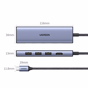 Ugreen CM511 20956A 6in1 šakotuvas USB-C - HDMI / 3x USB-A 3.0 / SD/TF kortelių skaitytuvas - pilkas