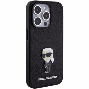 Karl Lagerfeld Glitter Ikonik Logo metalinio logotipo dėklas iPhone 15 Pro Max juodas