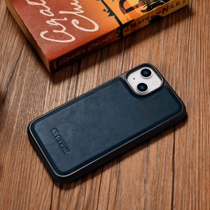iCarer odinis Oil Wax dėklas padengtas natūralia oda iPhone 14 mėlyna