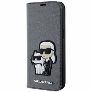 Karl Lagerfeld KLBKP14SSANKCPG iPhone 14 6.1" knygos tipo dėklas sidabrinis Saffiano Karl & Choupette
