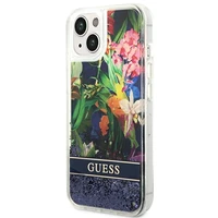 Guess GUHCP14SLFLSB iPhone 14 6.1 "mėlynas kietas dėklas Flower Liquid Glitter