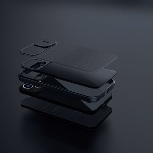 Nillkin Qin audinio dėklas iPhone 14 Plus su kameros dangteliu ir dėklu pilkas
