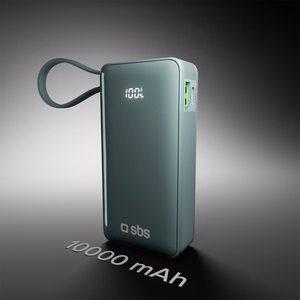 Išorinė baterija SBS 10000 mAh 20W su įmontuotu USB-C kabeliu ir skaitmenine indikacija - pilka