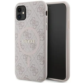 Guess GUHMN61G4GFRP iPhone 11 6.1" / Xr rožinis/rožinis kietas dėklas 4G kolekcija odinis metalinis logotipas Magnetinis