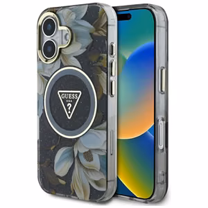 Guess Glitter Flowers Triangle Buttons Magnetinis dėklas telefonui iPhone 16 - juodas
