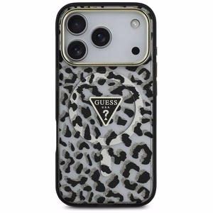 Guess leopardinis blizgus magnetinis dėklas telefonui iPhone 17 Pro juodas