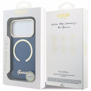 Guess IML Script Metal MagSafe Dėklas for iPhone 17 Pro - mėlynas