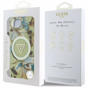 Guess IML Metal Glitter Flowers Triangle Magnetinis dėklas telefonui iPhone 16e - žalias
