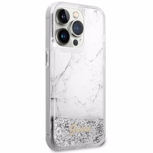 Guess GUHCP14LLCSGSGH iPhone 14 Pro 6.1" baltas kietas dėklas telefonui su skystu blizgučiu marmurinis