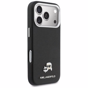 Dėklas Karl Lagerfeld PU Karl and Choupette Heads Pins MagSafe Apple iPhone 17 Pro juodas