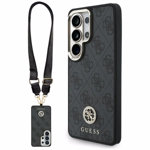 Guess 4G Big Rhinestone Triangle Strap MagSafe dėklas + dirželis Samsung Galaxy S26 Ultra juodas