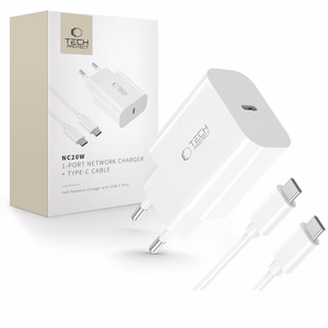 "Tech-Protect" NC20W PD20W USB-C sieninis įkroviklis su USB-C kabeliu - baltas