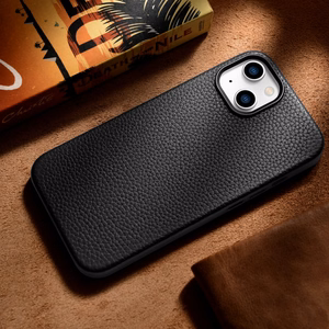 Чехол iCarer Litchi Premium Leather для iPhone 14 Plus магнитный кожаный с MagSafe чёрный