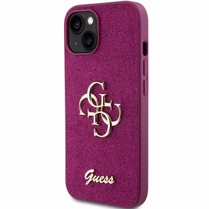 Guess Glitter Script Big 4G dėklas iPhone 15 - violetinis
