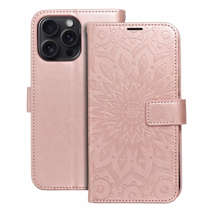 MEZZO knygos tipo dėklas telefonui IPHONE 15 Pro Max su mandalos raštu, rožinio aukso spalvos
