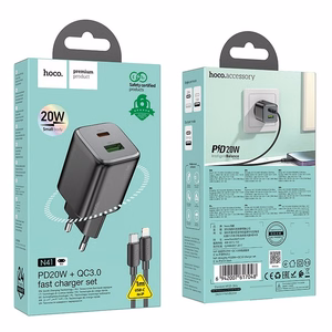 Įkroviklis Hoco USB A + USB C QC PD 3A 20W + kabelis USB C į Lightning N41 juodas